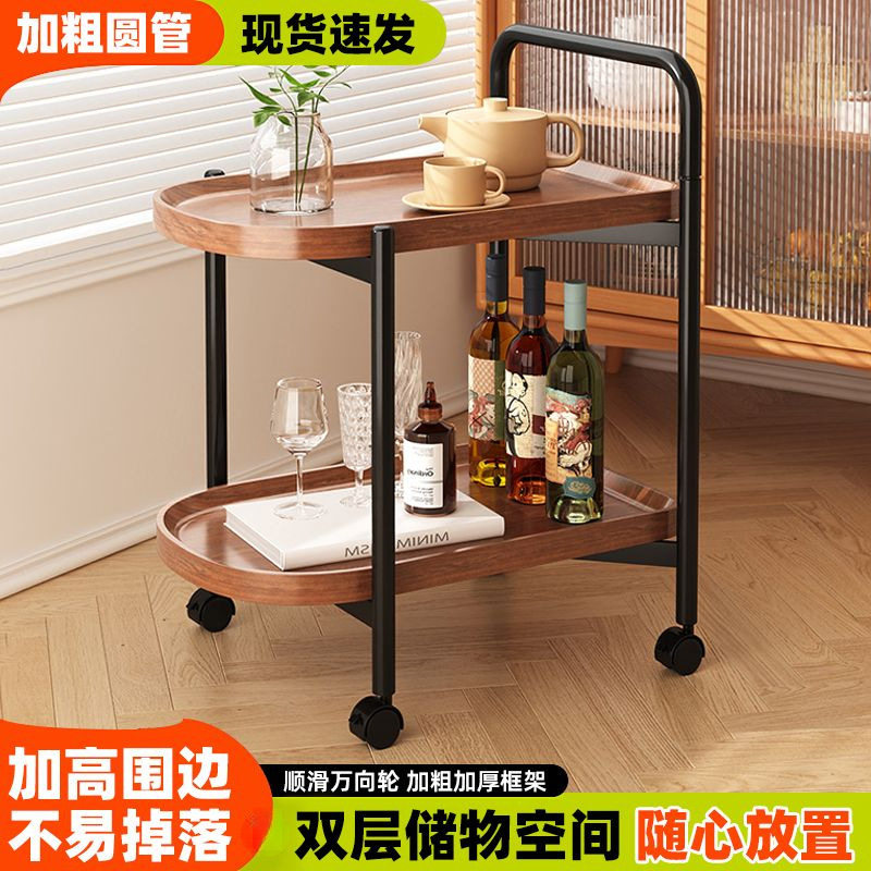 带轮茶几小桌子复古小推车家用客厅沙发床头小边几圆形双层置物架