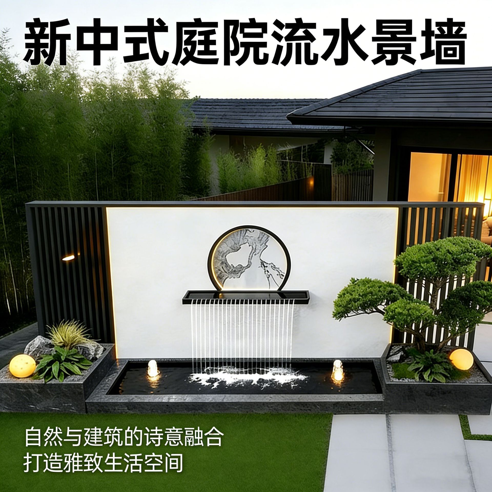 不锈钢庭院露台养鱼景观墙水池灯光喷泉水景墙循环水造景水池摆件
