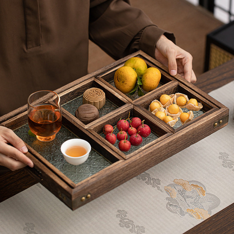 中式烧桐木托盘高硼硅家用复古围炉煮茶下午茶点心零食多格拼盘
