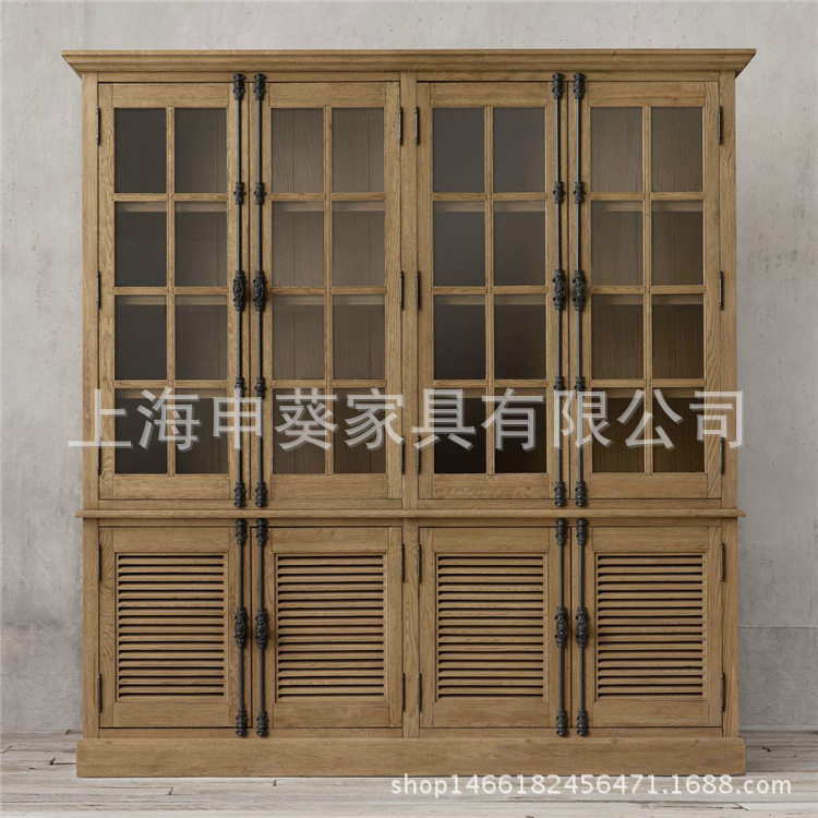 美式新款实木酒柜玻璃门书柜橡木仿古书橱储物柜展示柜书房家具