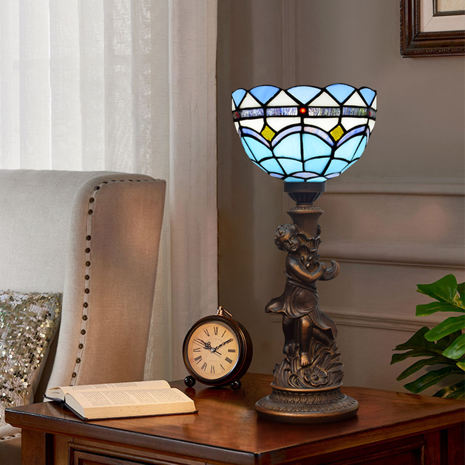 蓝色地中海风格小男孩彩色玻璃灯餐厅酒吧书桌装饰台灯卧室床头灯