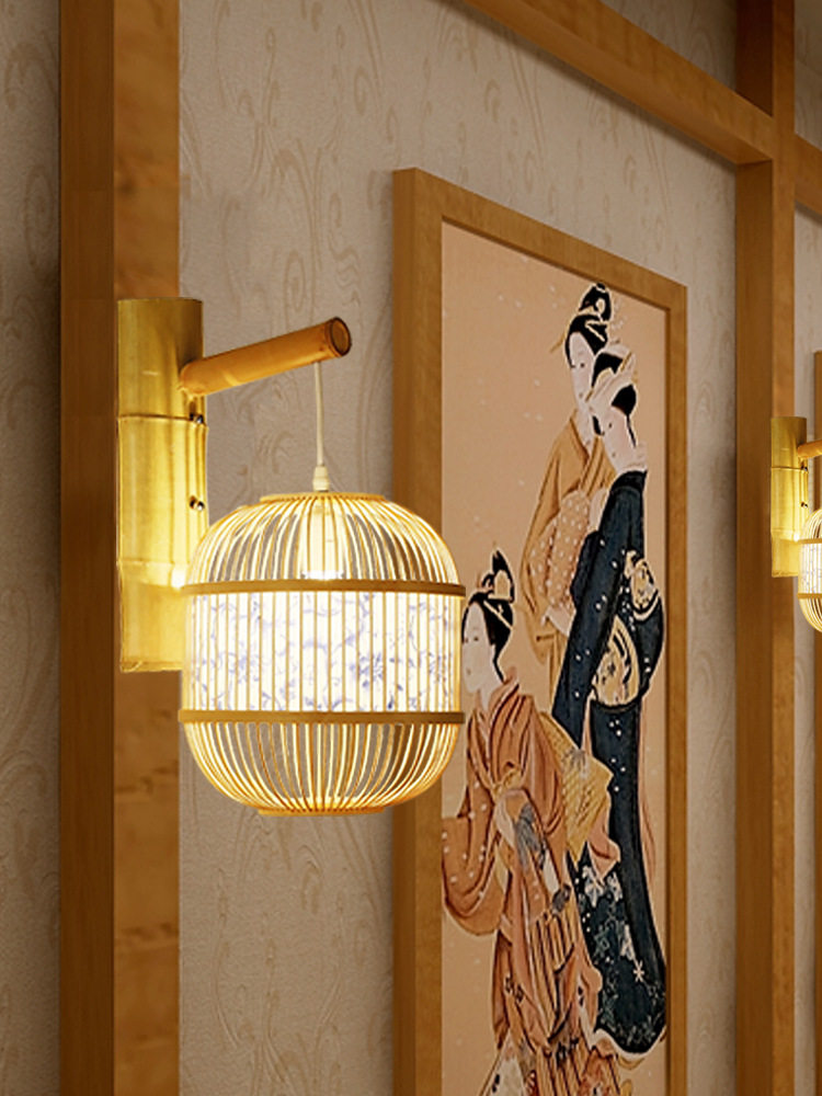艺术灯新中式竹编壁灯温馨复古卧室床头过道走廊日式竹艺手工灯饰