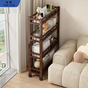 2026带轮置物架缝隙超窄书架夹缝极窄实木可移动桌边储物书柜收纳