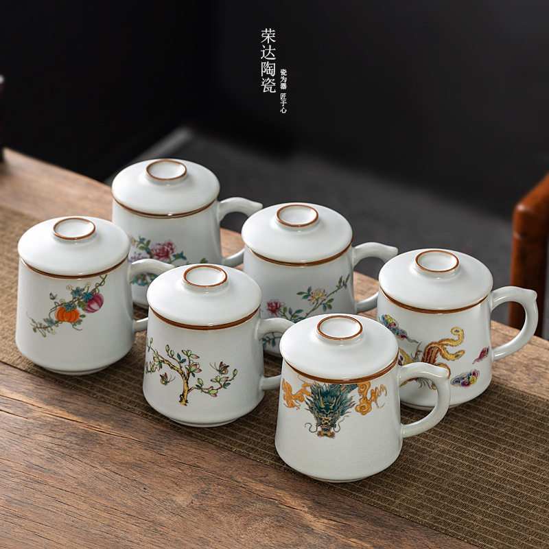 汝窑茶杯陶瓷茶水分离三件套办公杯高档会议杯开片复古马克杯带盖