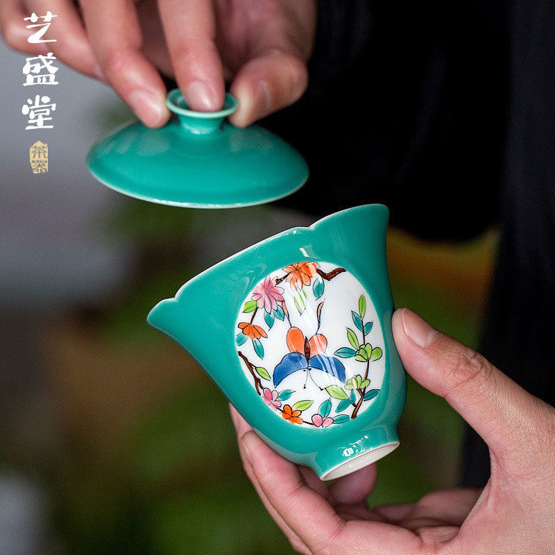 批发绿松石手绘开窗蝶恋花盖碗不烫手家用陶瓷泡茶碗单个泡茶器