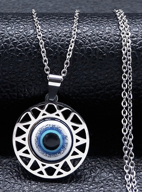土耳其蓝眼睛圆形毛衣链镂空吊坠恶魔之眼锁骨链Evil Eye项链