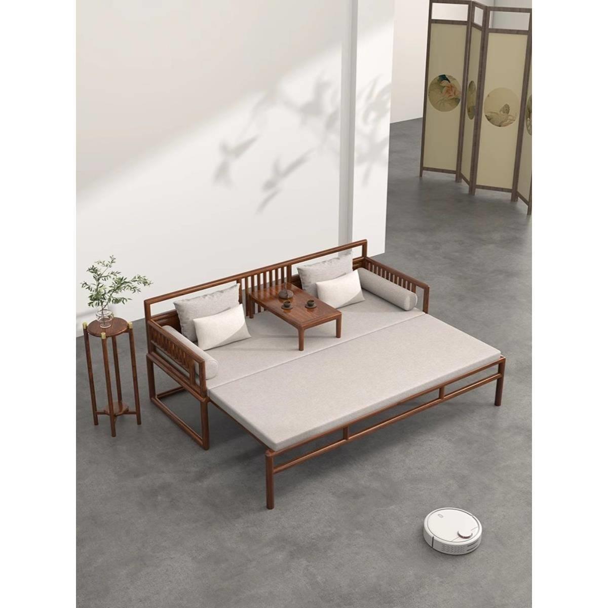 W6乌金木新中式罗汉床沙发茶桌椅组合小户型客厅改良实木贵妃