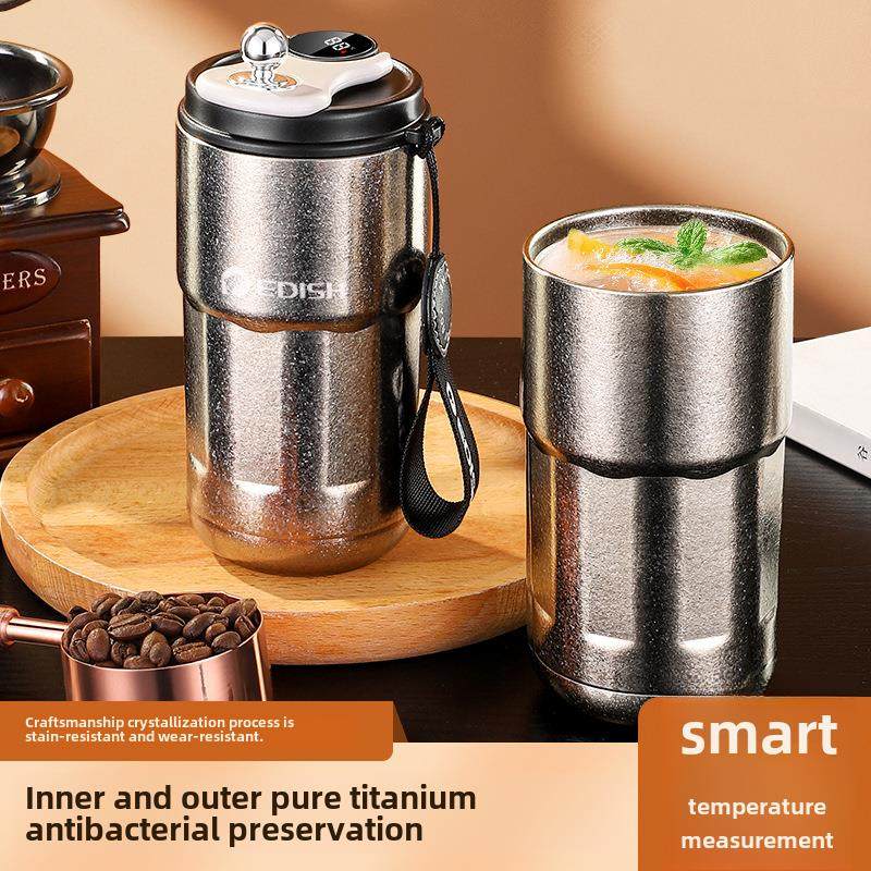 壹滴水纯钛保温咖啡杯双层钛水杯男款女随行杯便携提手显温钛杯子