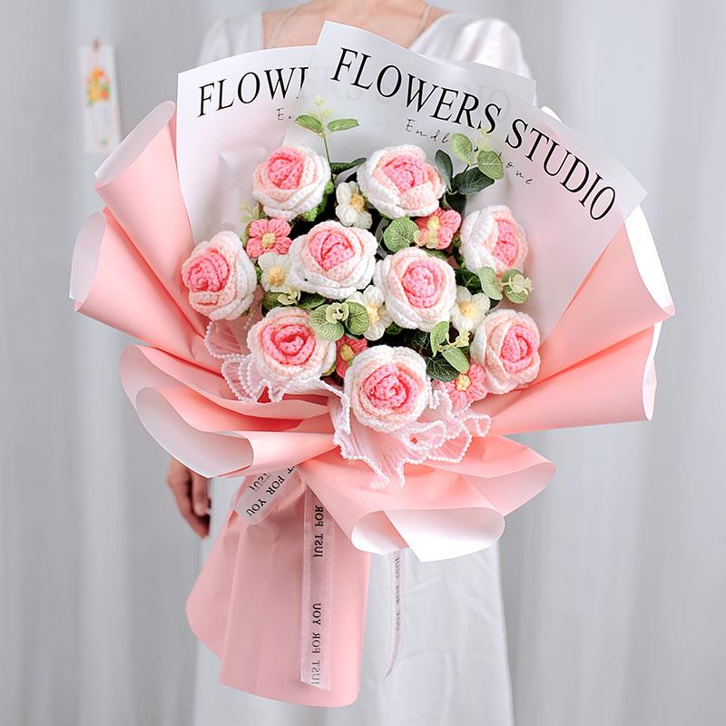 母亲节编织花针织毛线花束永生手捧花玫瑰生日礼物送妈妈女友闺蜜