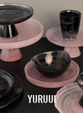 [YURUUI设计师]土耳其进口黑粉雪花石Alabaster云雾玻璃餐盘碗套