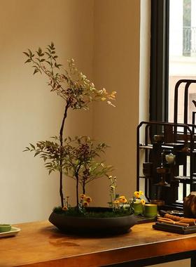 墨蓝色的花器 磨砂陶瓷大花盘写景接水盘 小原流日式花道中式插花