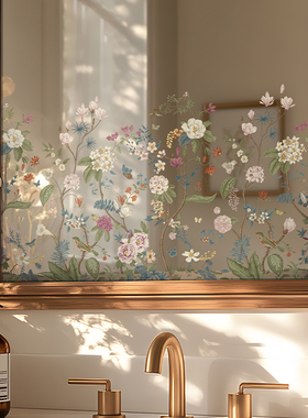 法式中国风镜面装饰静电免胶贴纸卧室花鸟植物透光窗户贴膜高级感