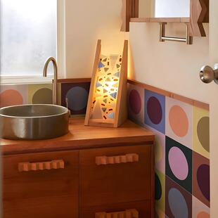 复古几何洗手台贴纸多巴胺可爱卫生间墙面防水贴纸厨房防油遮丑