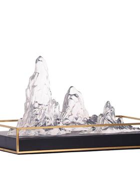 创意新中式透明树脂假山金属托盘桌面套装摆件客厅茶几玄关艺术品