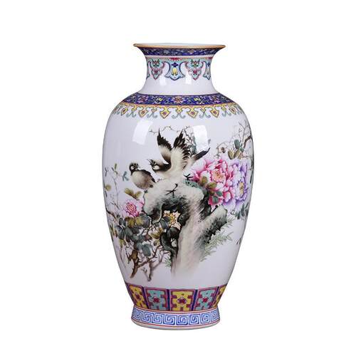 景德镇陶瓷花瓶山水画粉彩插花中式摆件家居客厅电视柜陶瓷装饰品