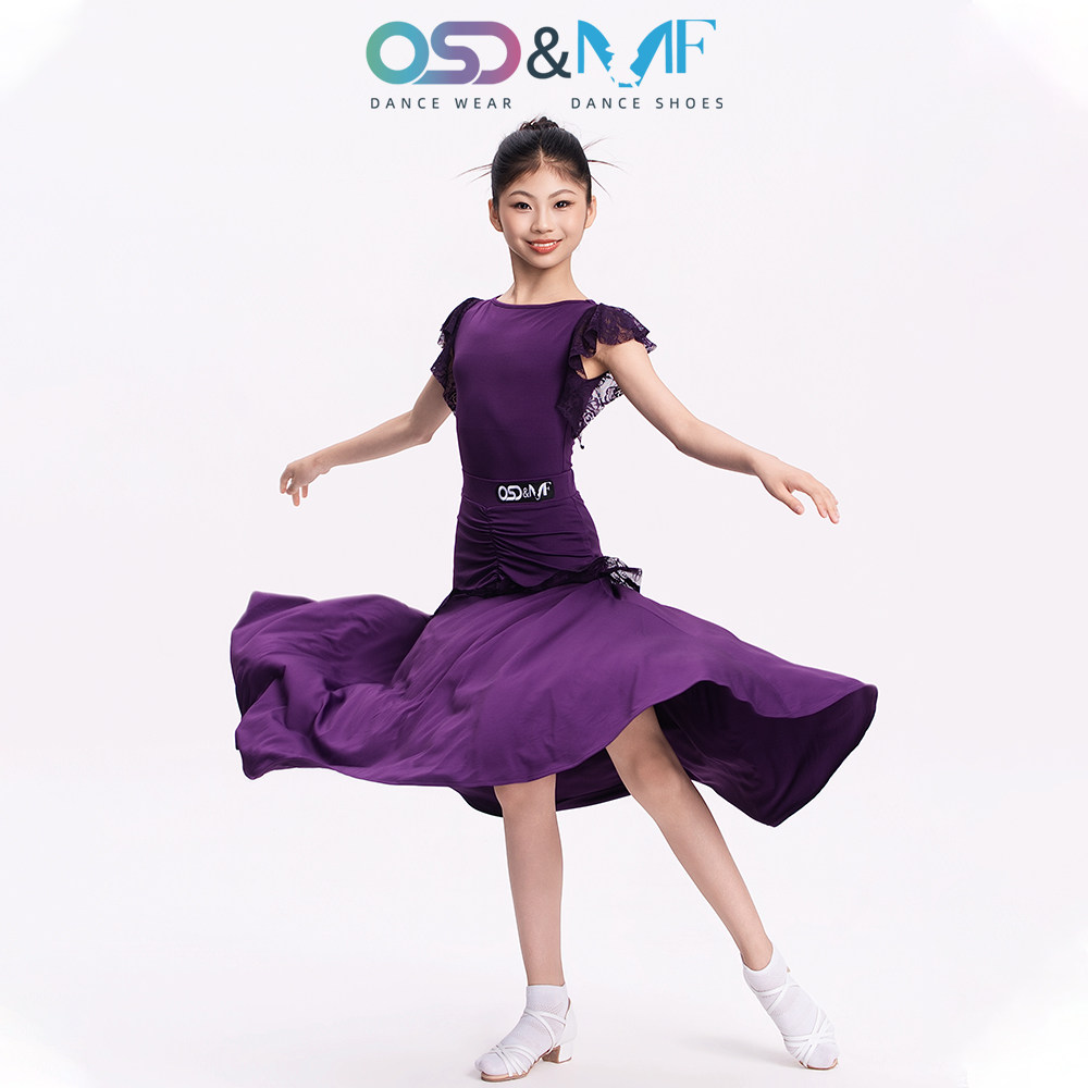 {预发售}OSD&MF摩登舞服女童紫色飞袖大摆裙专业表演拉丁练功服