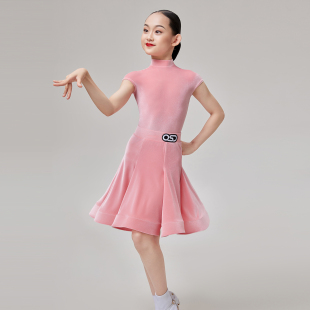 OSD拉丁舞服女童标准规定专业比赛服高领包肩短袖丝绒儿童舞蹈服