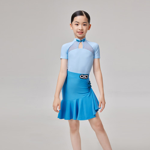 OSD拉丁舞服女童练习服套装蓝色新中式款练功服舞蹈服4017