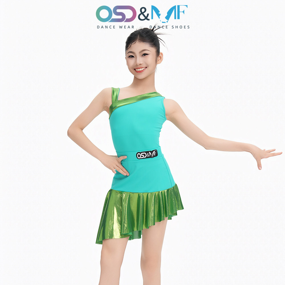 {预发售}OSD拉丁舞服女斜肩练功服绿色荷叶边裙训练表演服装4311