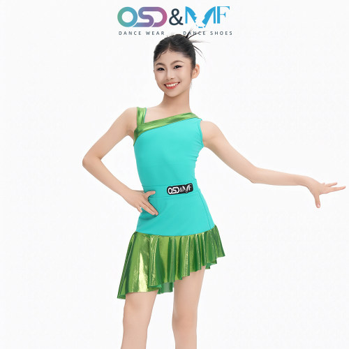 {预发售}OSD拉丁舞服女斜肩练功服绿色荷叶边裙训练表演服装4311