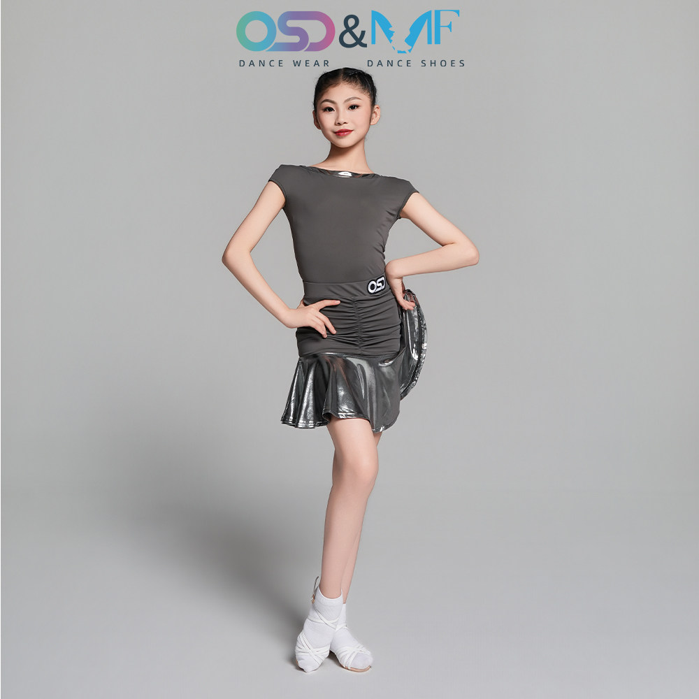 OSD拉丁舞服女童舞蹈表演短袖一字领A字裙训练套装日常练功服4208