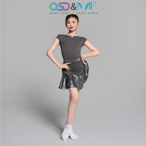 OSD拉丁舞服女童舞蹈表演短袖一字领A字裙训练套装日常练功服4208