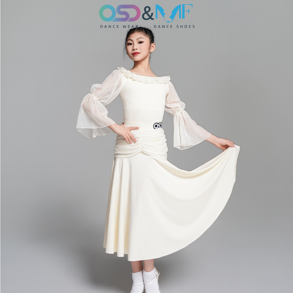 OSD摩登舞服女童少儿国标舞大摆裙白色舞蹈服练功服表演舞裙4256