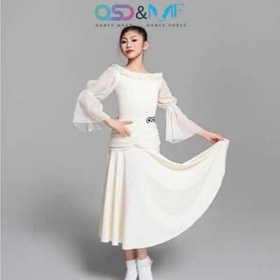 OSD摩登舞服女童少儿国标舞大摆裙白色舞蹈服练功服表演舞裙4256