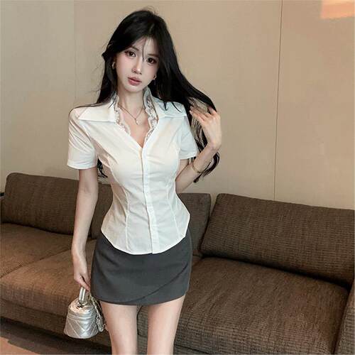 足疗工作服2026新款SPA技师KTV公主服纯欲辣妹V领蕾丝衬衫包臀裙