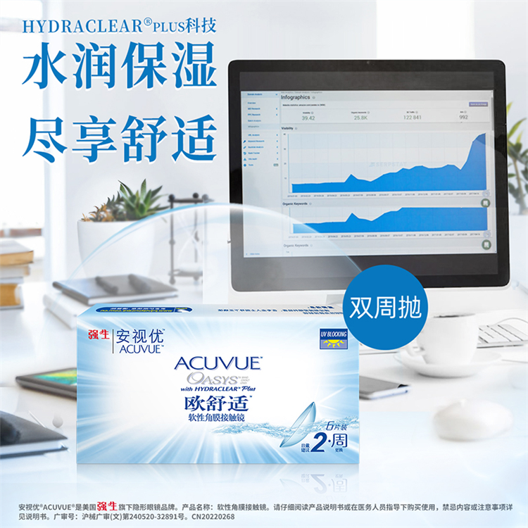 强生安视优欧舒适双周抛6片装硅水凝胶近视舒适透氧隐形基弧8.8mm
