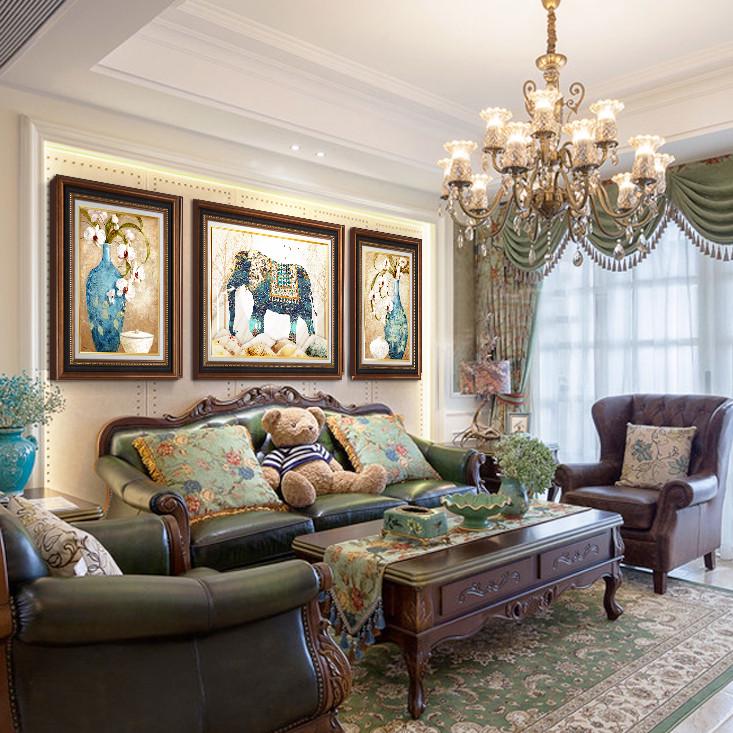 美式复古客厅装饰画沙发背景墙挂画新中式三联油画大象鹿壁画轻奢图片