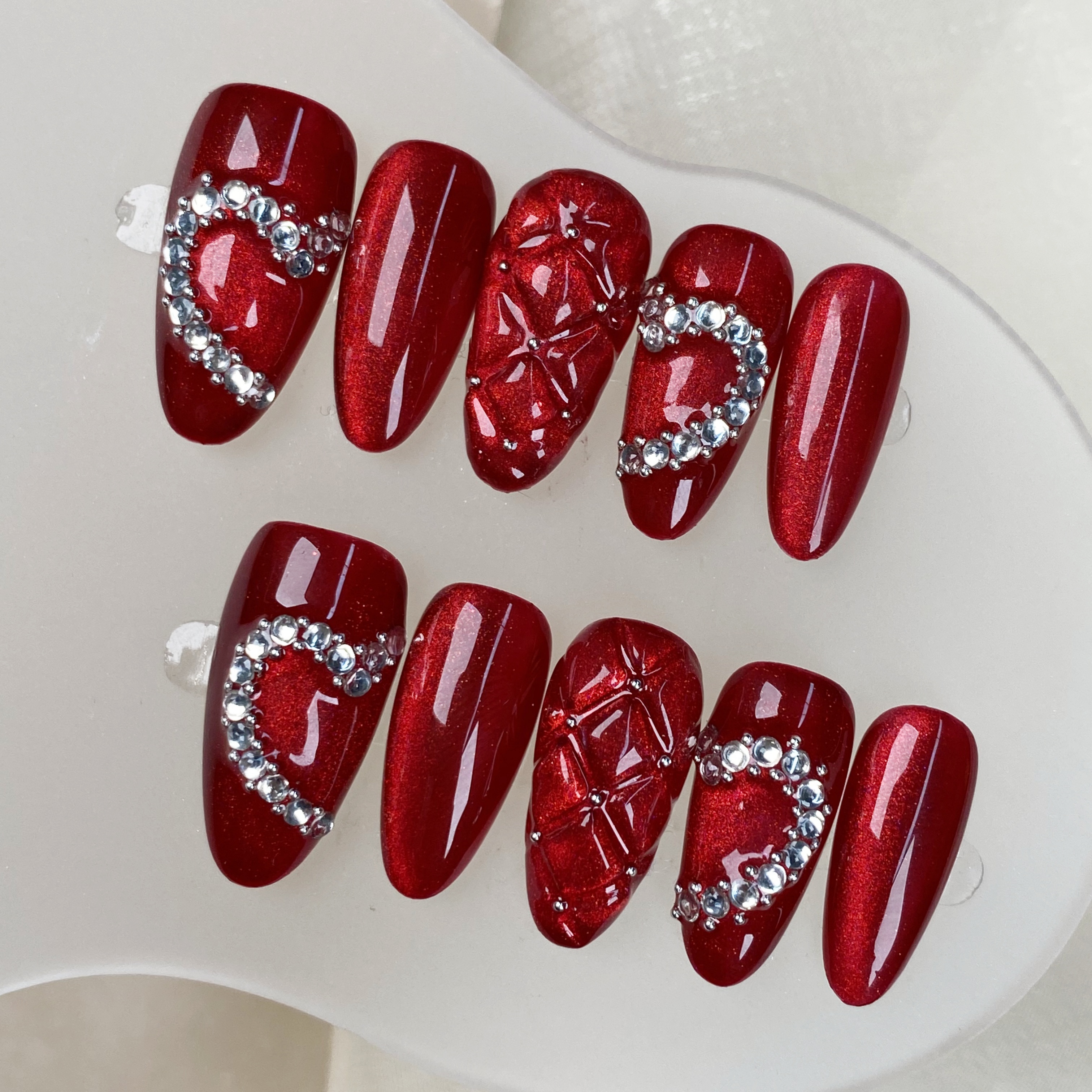 0003203红宝石丨显白红色新娘甲原创手工穿戴甲手绘猫眼款高级感