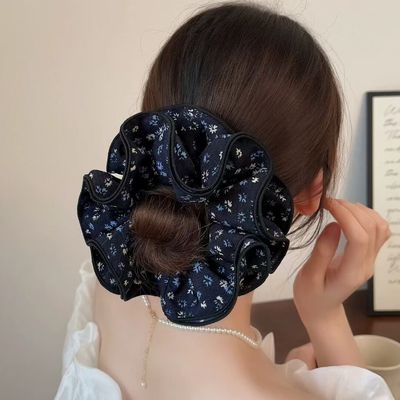 复古森系藏蓝色碎花四层头花发圈弹性好头绳丸子头绑发蓬松发绳