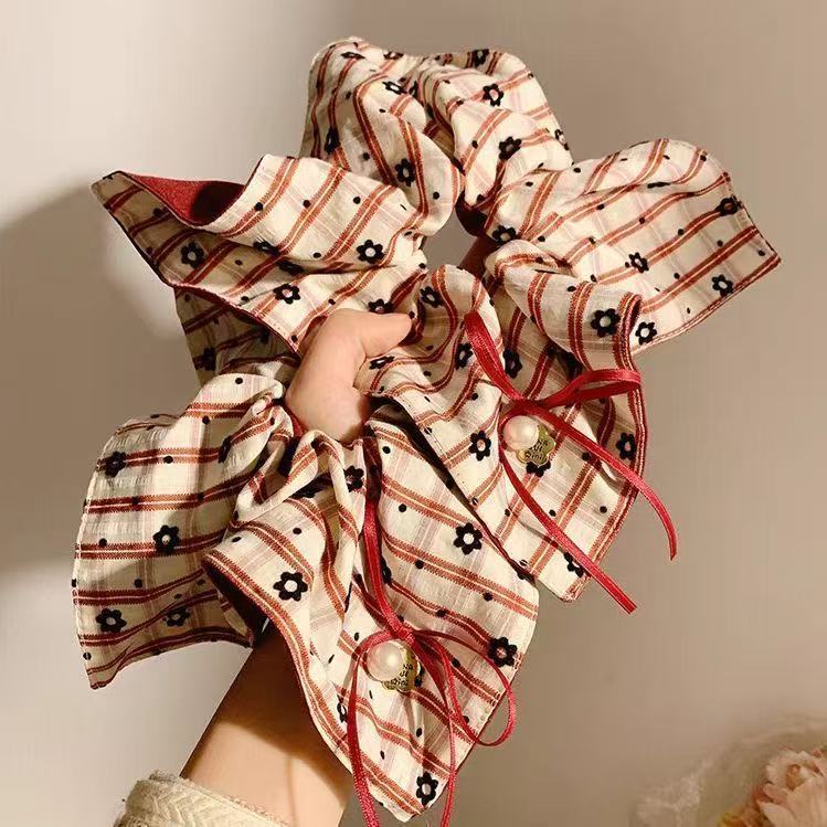港风复古风碎花格纹方巾发圈发绳发饰丸子头马尾简约百搭高级少女