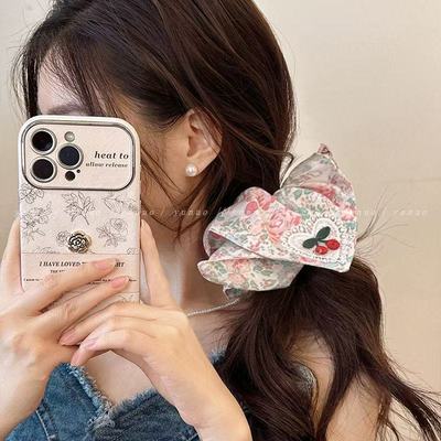 粉色玫瑰小兔子~碎花大肠圈方巾发圈甜美少女低马尾皮筋头绳发饰
