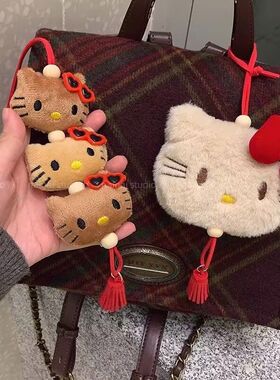圣诞节红色Kitty挂件~毛绒可爱卡通KT猫咪蝴蝶结包包挂饰车钥匙