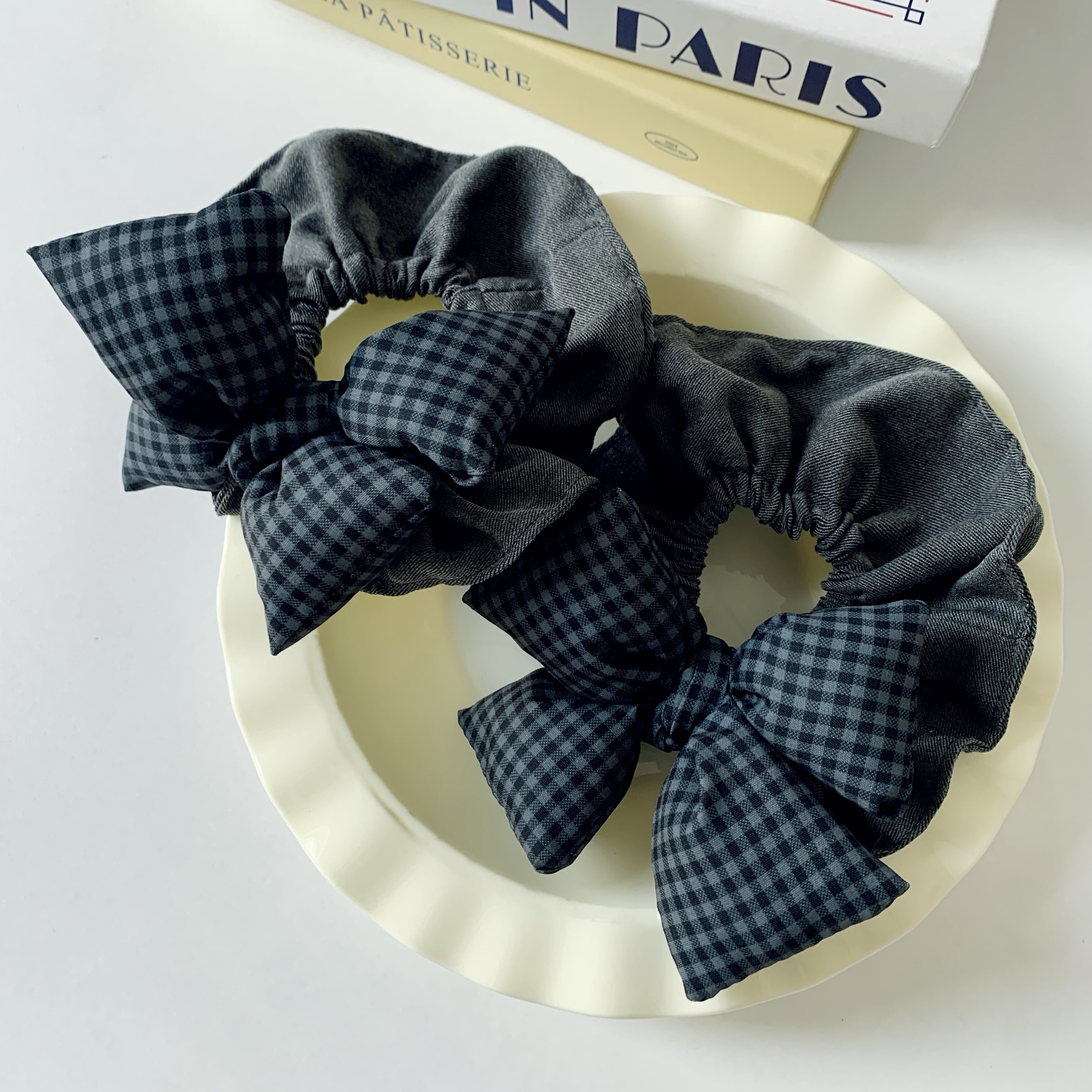 黑灰格纹蝴蝶结发圈韩系高端发饰头绳2025新款质感布艺肠圈发绳女