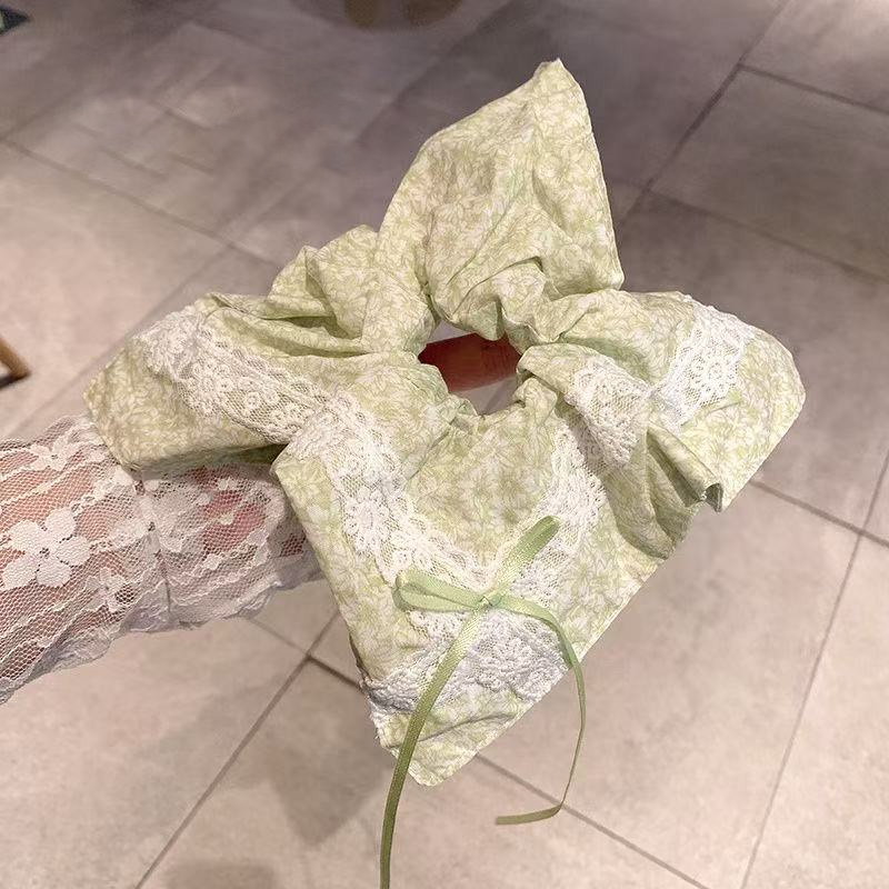 茉莉青提手作~ 夏季清新双拼绿色格纹方巾蕾丝花边少女大肠发圈
