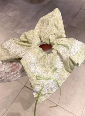 茉莉青提手作~ 夏季清新双拼绿色格纹方巾蕾丝花边少女大肠发圈