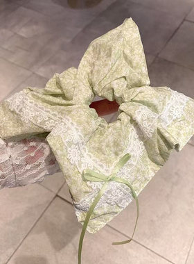 茉莉青提手作~ 夏季清新双拼绿色格纹方巾蕾丝花边少女大肠发圈