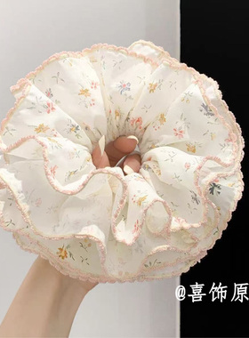 早春白色碎花四层大肠发圈女慵懒风丸子头扎头发超大韩系发饰头绳