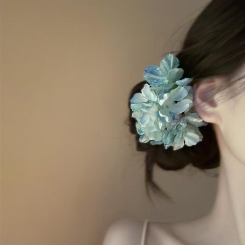 蓝韵花颜~蓝色烧边绣球花发夹女仿真花发卡森系头花侧边丸子簪花