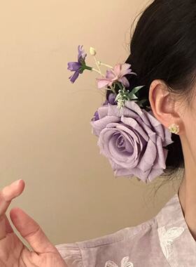 浅梦花名2026新款紫色花朵发夹女侧边夹子头花新中式旗袍头饰