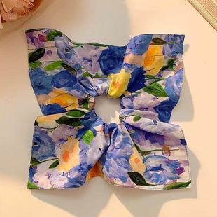 莫奈花园粉色玫瑰扎染油画气质方巾肠圈女高级感甜美后脑勺扎头绳