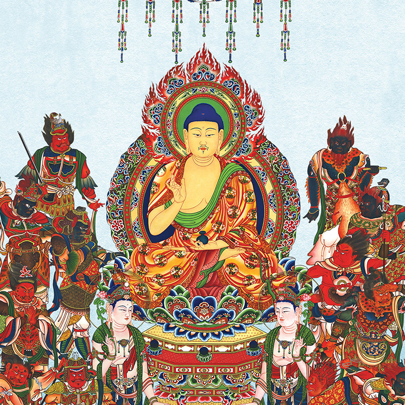 东方三圣药师佛菩萨画像十二药叉神将挂画家用结s缘装饰丝绸卷轴