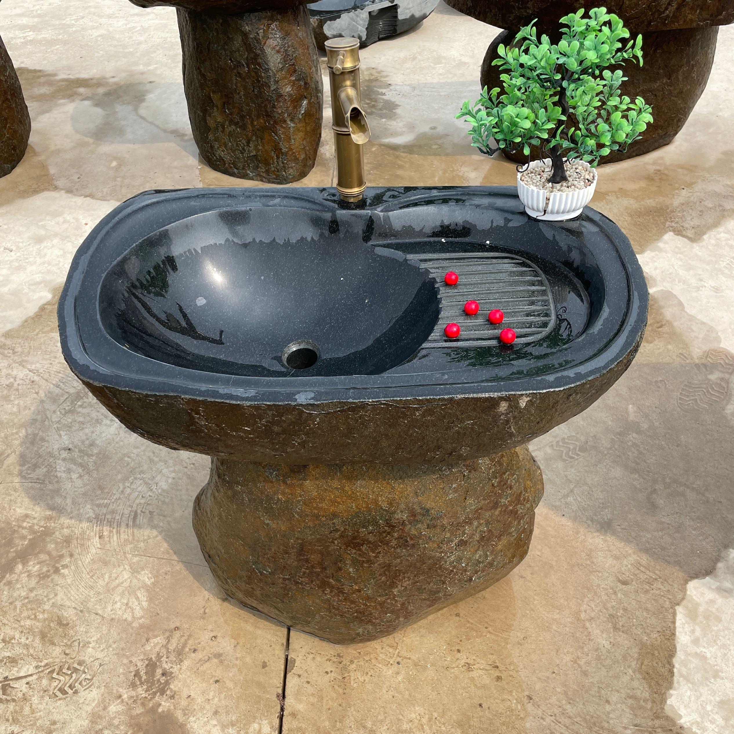 庭院家用石材一体洗手盆户外花园艺术石雕洗衣盆原始石头洗水池槽