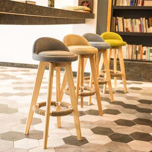 北欧酒吧椅可旋转简约家用实木吧台椅网红高脚凳前台收银吧椅凳子