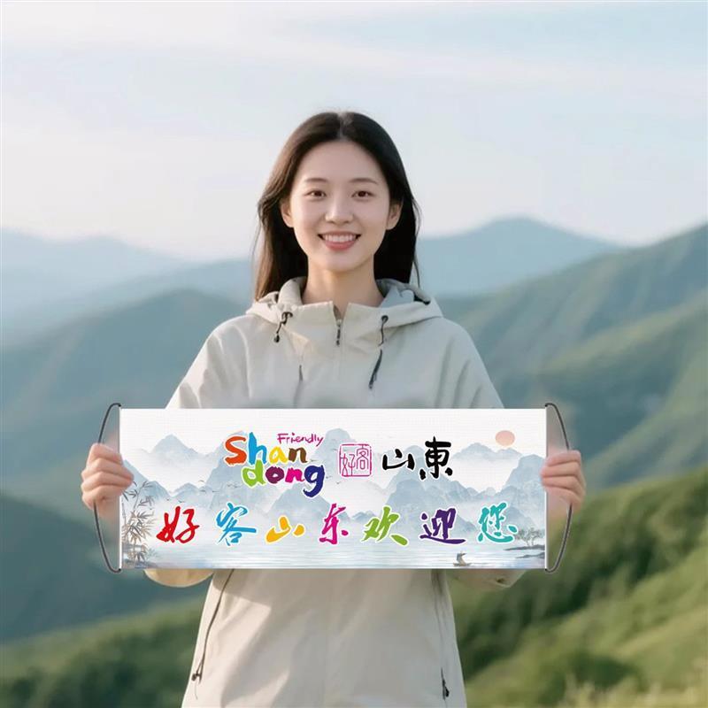 好客山东欢迎您旗子自动伸缩手拉旗物料旅游拍照手拉横幅条幅文旅