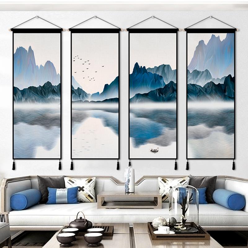 新中式禅意山水画挂毯装饰画客厅沙发背景墙布艺装饰挂画四联定制图片