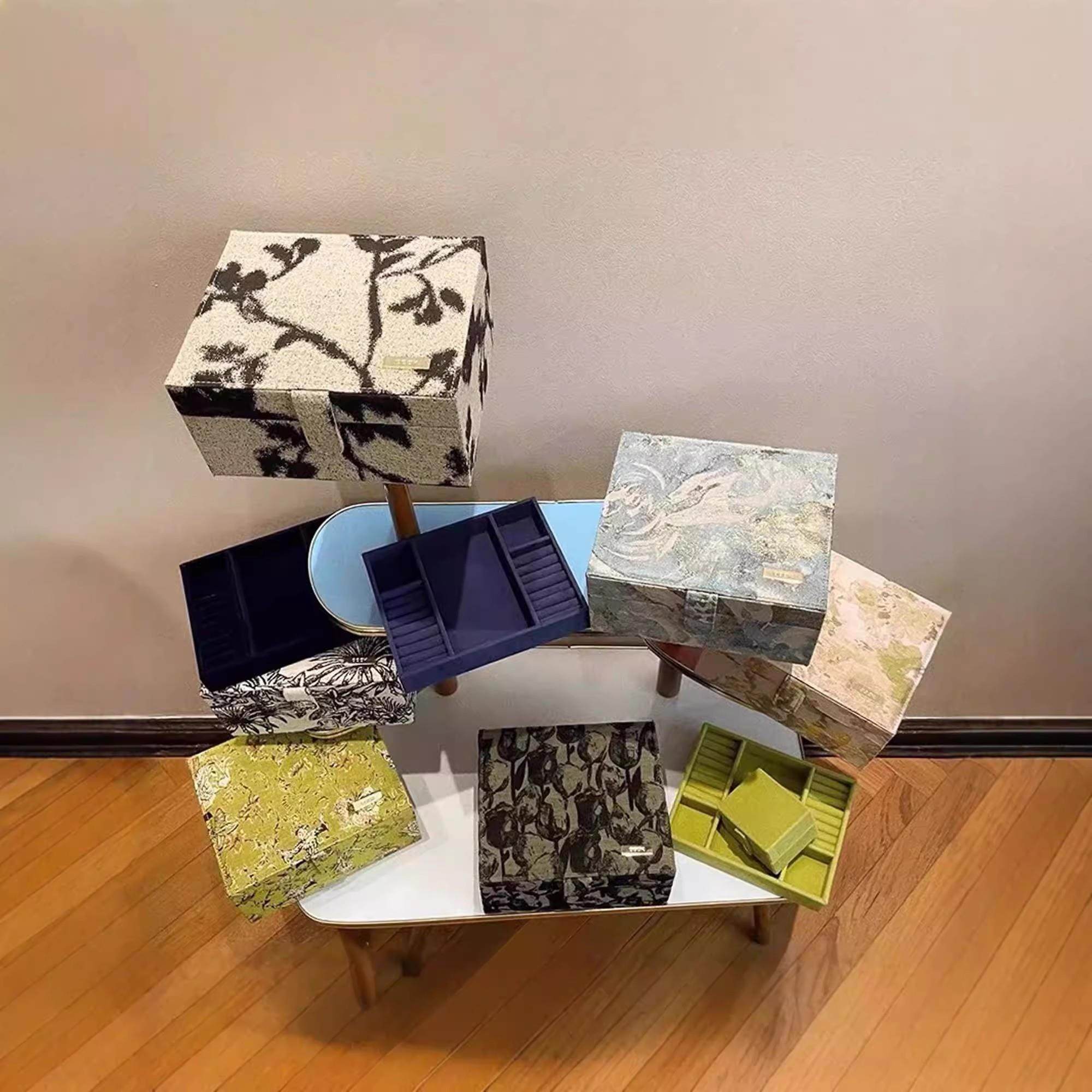 OOAK可拆卸复古提花双层带镜子耳饰项链饰品收纳盒珠宝首饰盒礼物